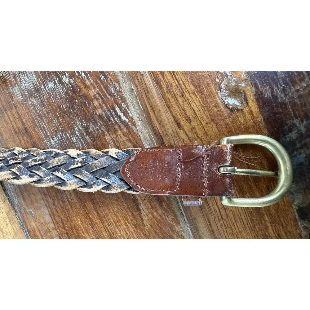 Vintage Brown Genuine Leather Braided Belt Size 36 Brass Buckle Boho Western